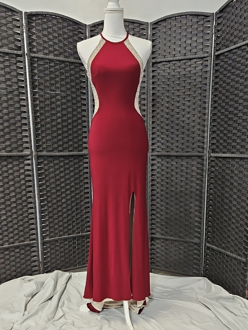 Xscape Burgundy Halter Prom Dress with Side Rhinestone Panels